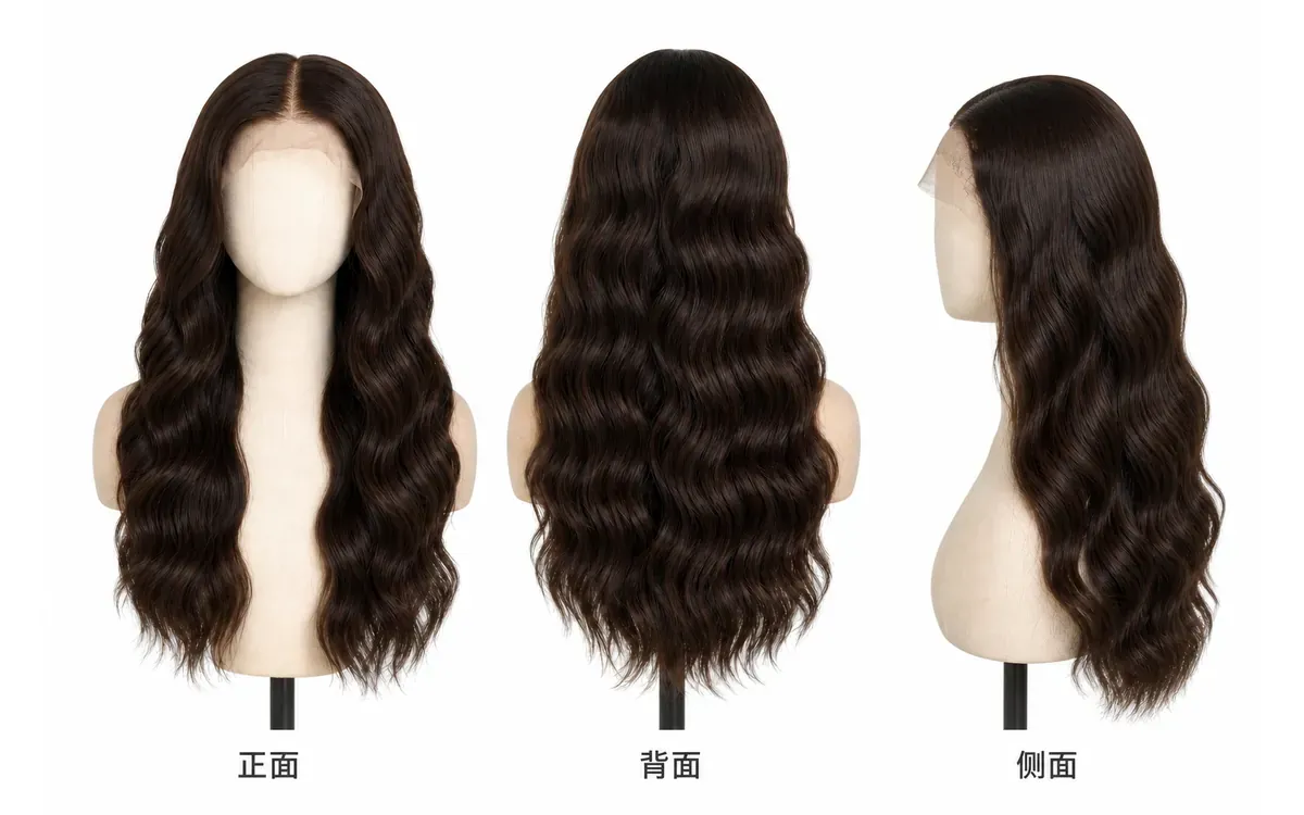 假发白底图的颜色卷度与长度轮廓 同一顶深棕色波浪假发的正面背面和侧面白底图