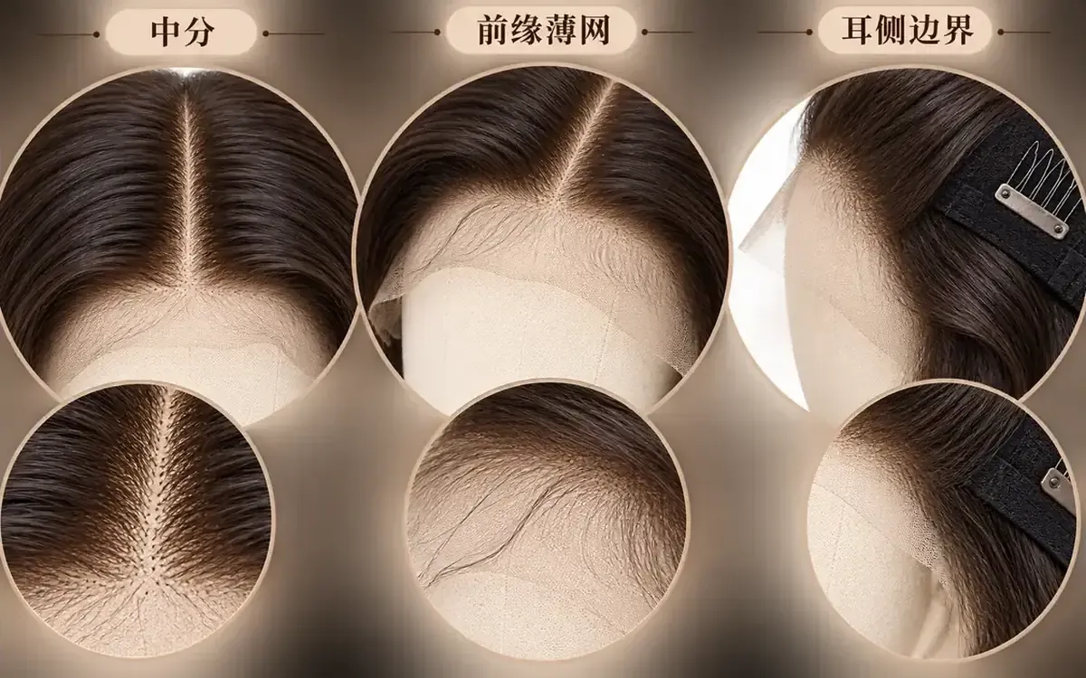 假发发际线蕾丝与分缝近景 蕾丝前额假发的发际线边界中部分缝和耳侧蕾丝三处近景
