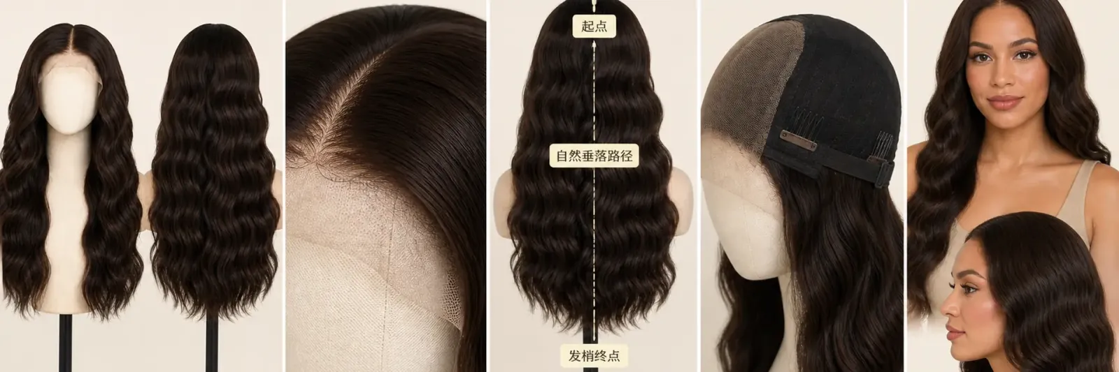 假发商品图从本体到佩戴的核心问题 假发白底本体发际线蕾丝长度帽体和模特佩戴五类信息图