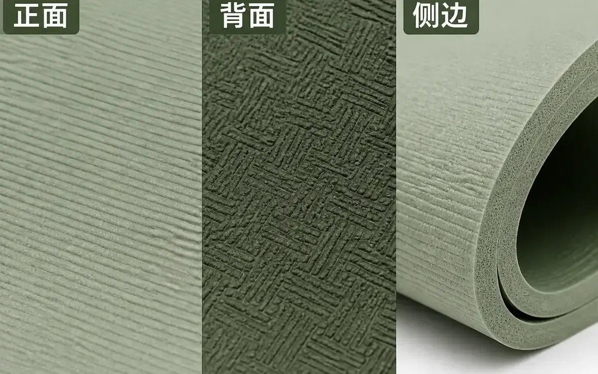 瑜伽垫正反面纹理与侧边切面对照 瑜伽垫正面细纹背面防滑纹和多层侧边三种局部近景