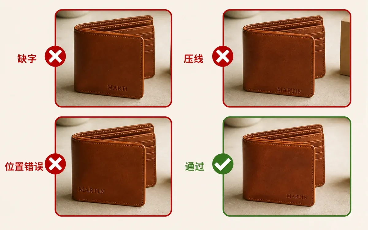 正确预览与字符缺失碰到缝线位置错误三种退回示例对照
