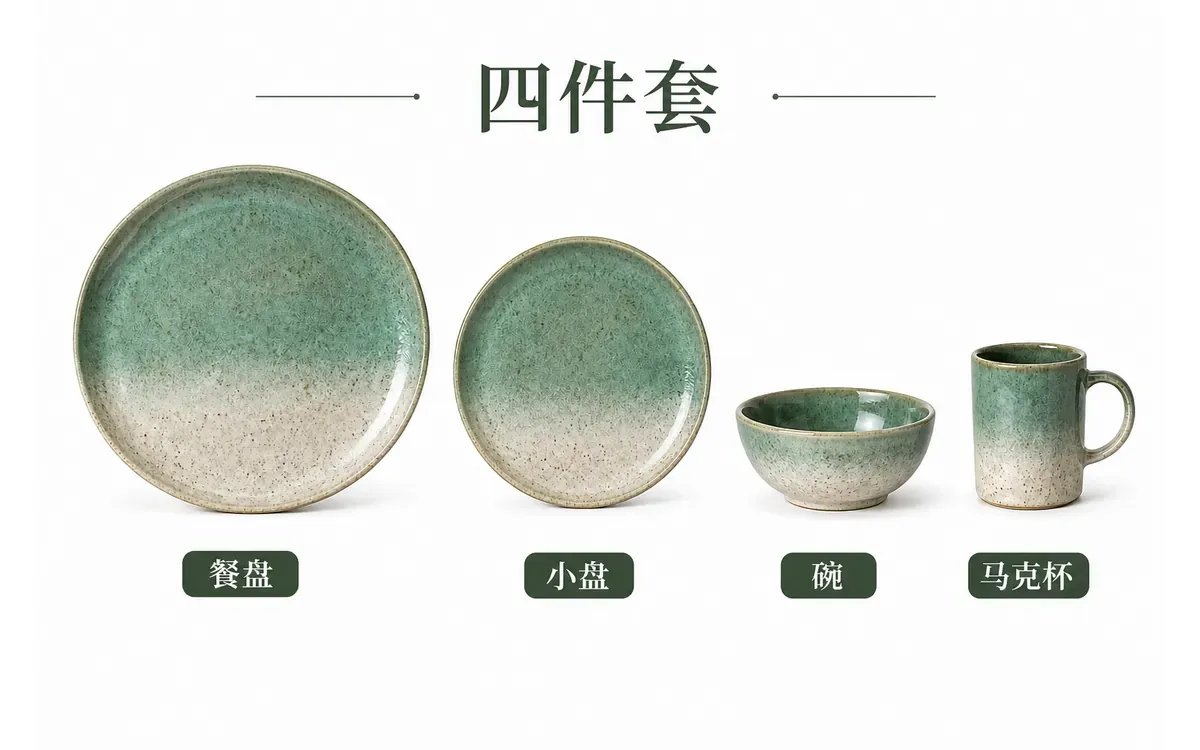 餐盘小盘碗和马克杯各一件组成的陶瓷四件套平铺合照