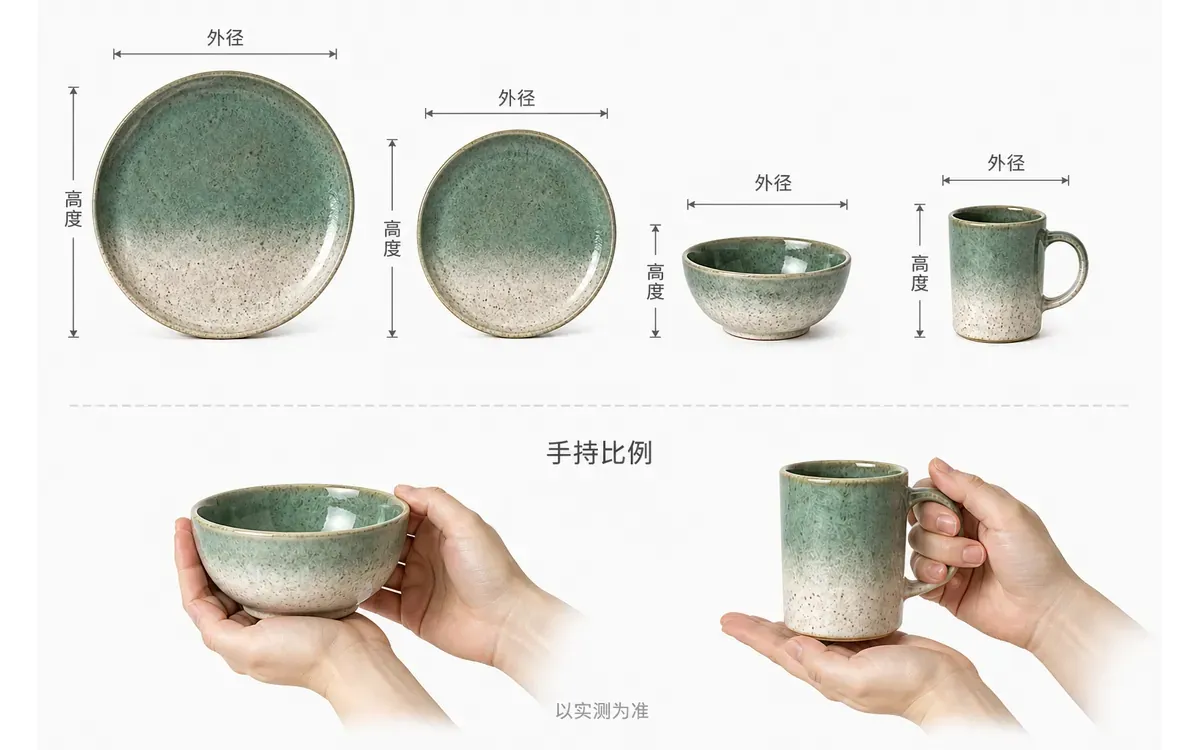 陶瓷餐盘碗和马克杯的外径高度测量箭头与成年人手持比例