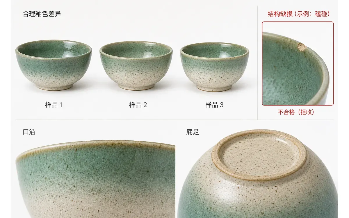 同款陶瓷碗在统一光线下的合理釉色变化和口沿底足近景