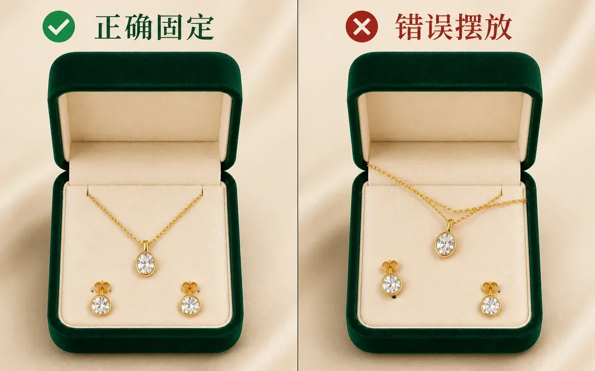 同一绿色礼盒中项链与耳钉按固定点正确收纳和链条交叉悬空的错误摆放并列展示