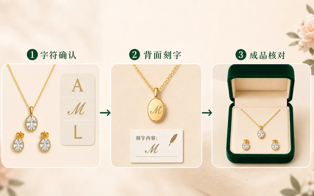 同款椭圆宝石吊坠与耳钉套装从字符确认背面刻字到礼盒成品核对的流程