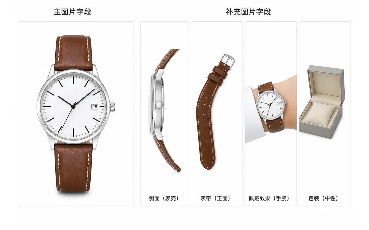 手表主图字段和表壳表带佩戴包装场景补充图片字段的分配示意