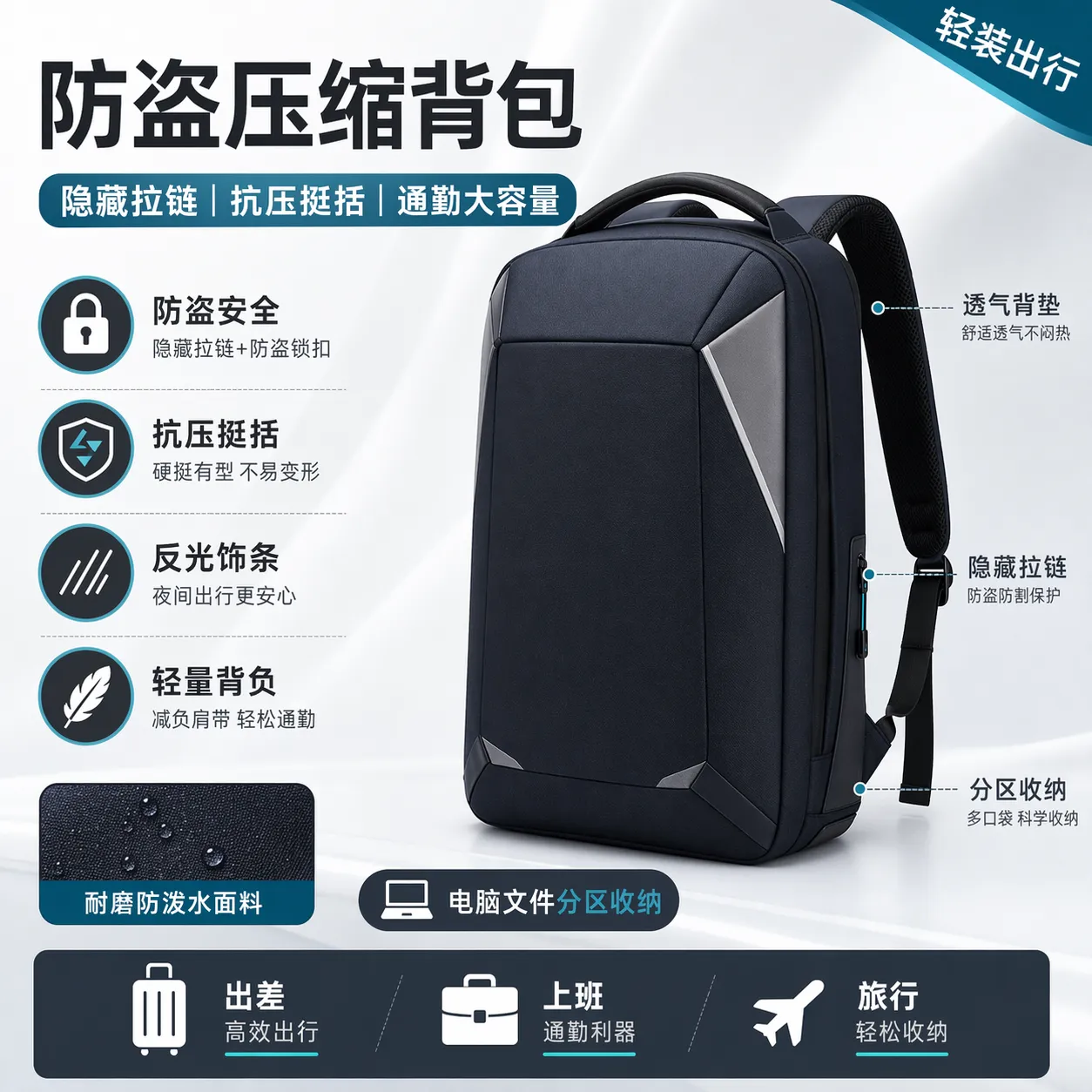 黑色防盗压缩笔记本电脑背包｜AI 生图提示词