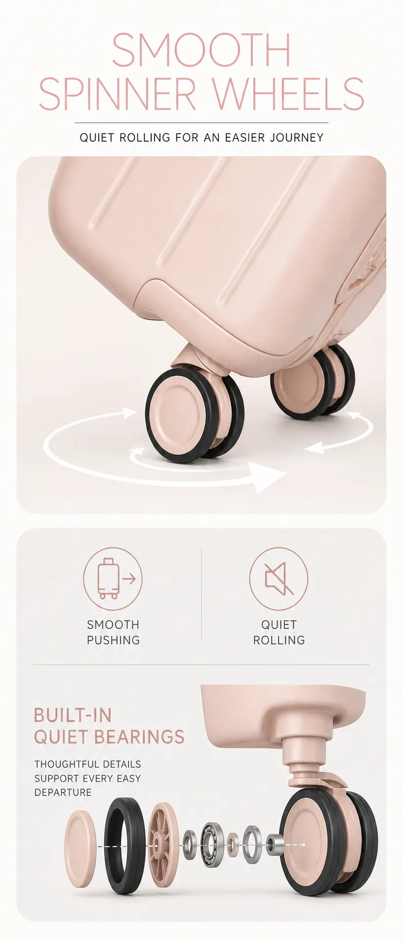 Pink suitcase silent wheel and bearing diagram｜AI Image Generation Prompts