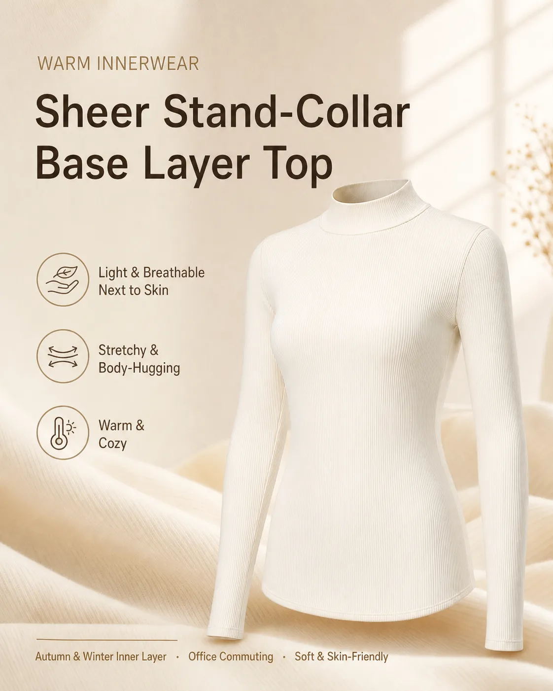 White Ribbed Turtleneck Warm Innerwear Top｜AI Image Generation Prompts