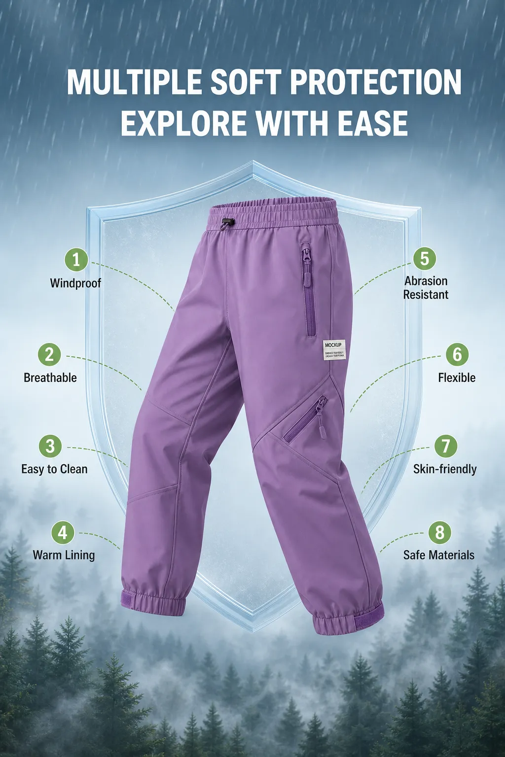 Purple Outdoor Soft Shell Pants Features｜AI Image Generation Prompts