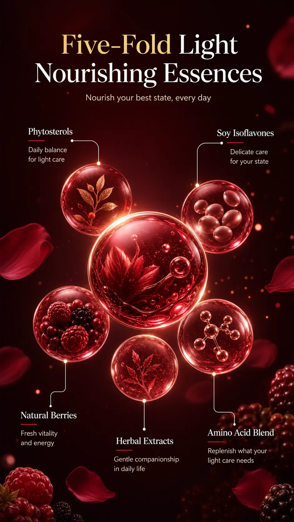 Five Nourishment Essence Ingredients in Red Spheres｜AI Image Generation Prompts