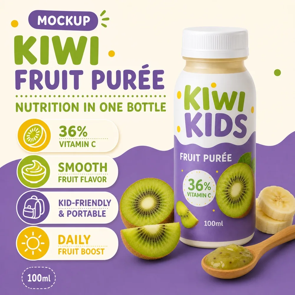 Kiwi Fruit Puree Bottle Mockup with Vitamin C Label｜AI Image Generation Prompts