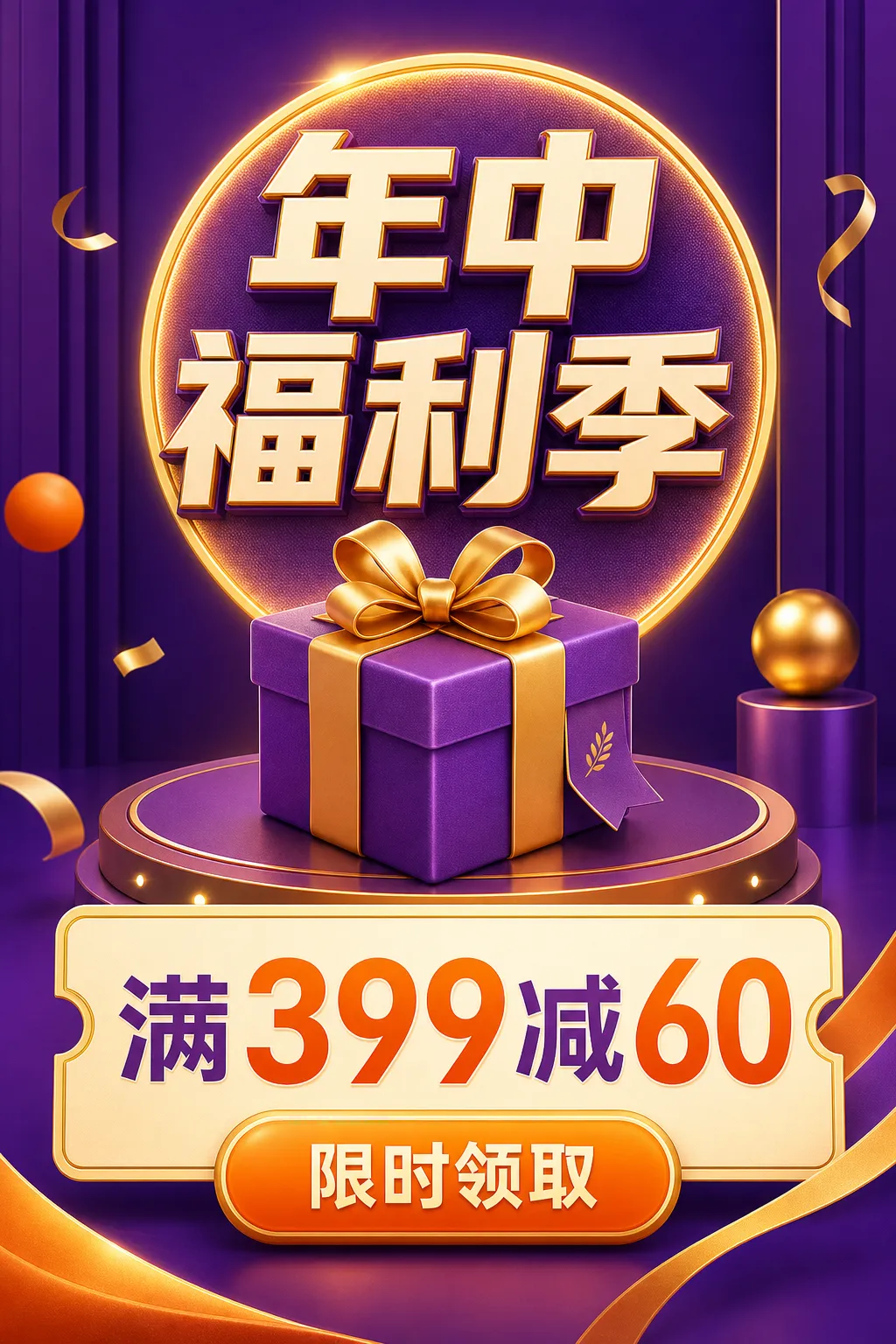 年中大促宣传海报，配有紫色礼盒｜AI 生图提示词