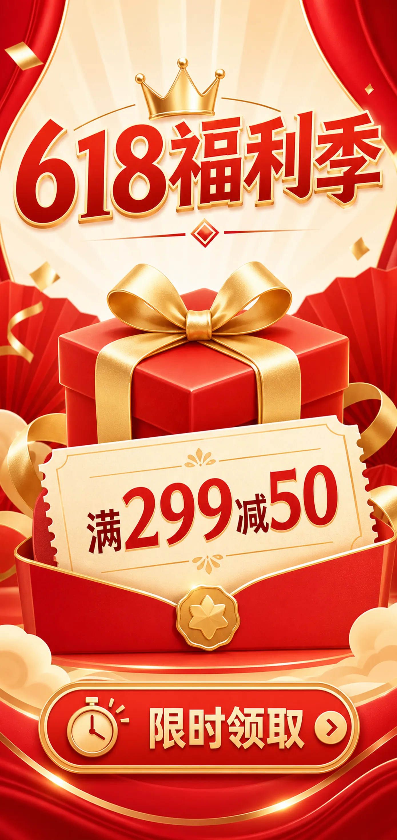 618购物节红色礼盒与优惠券海报｜AI 生图提示词