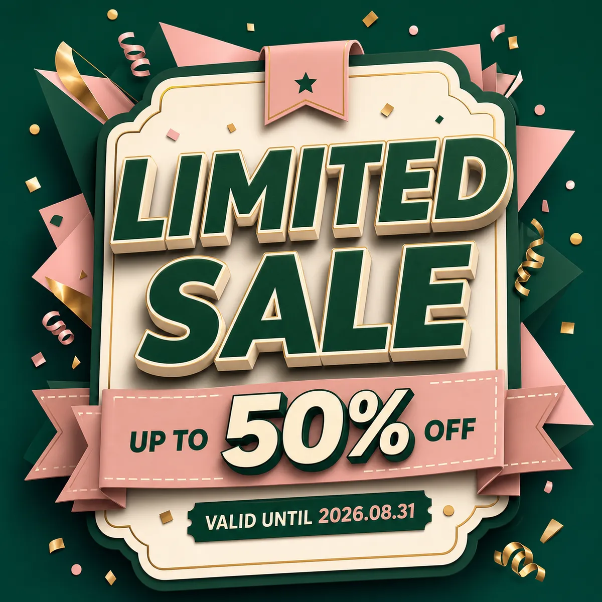 Limited Sale Up To 50% Off 3D Promotional Banner｜AI Image Generation Prompts