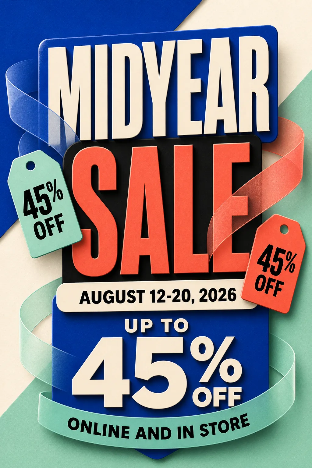 Midyear Sale Poster Design with 45% Off Tags｜AI Image Generation Prompts