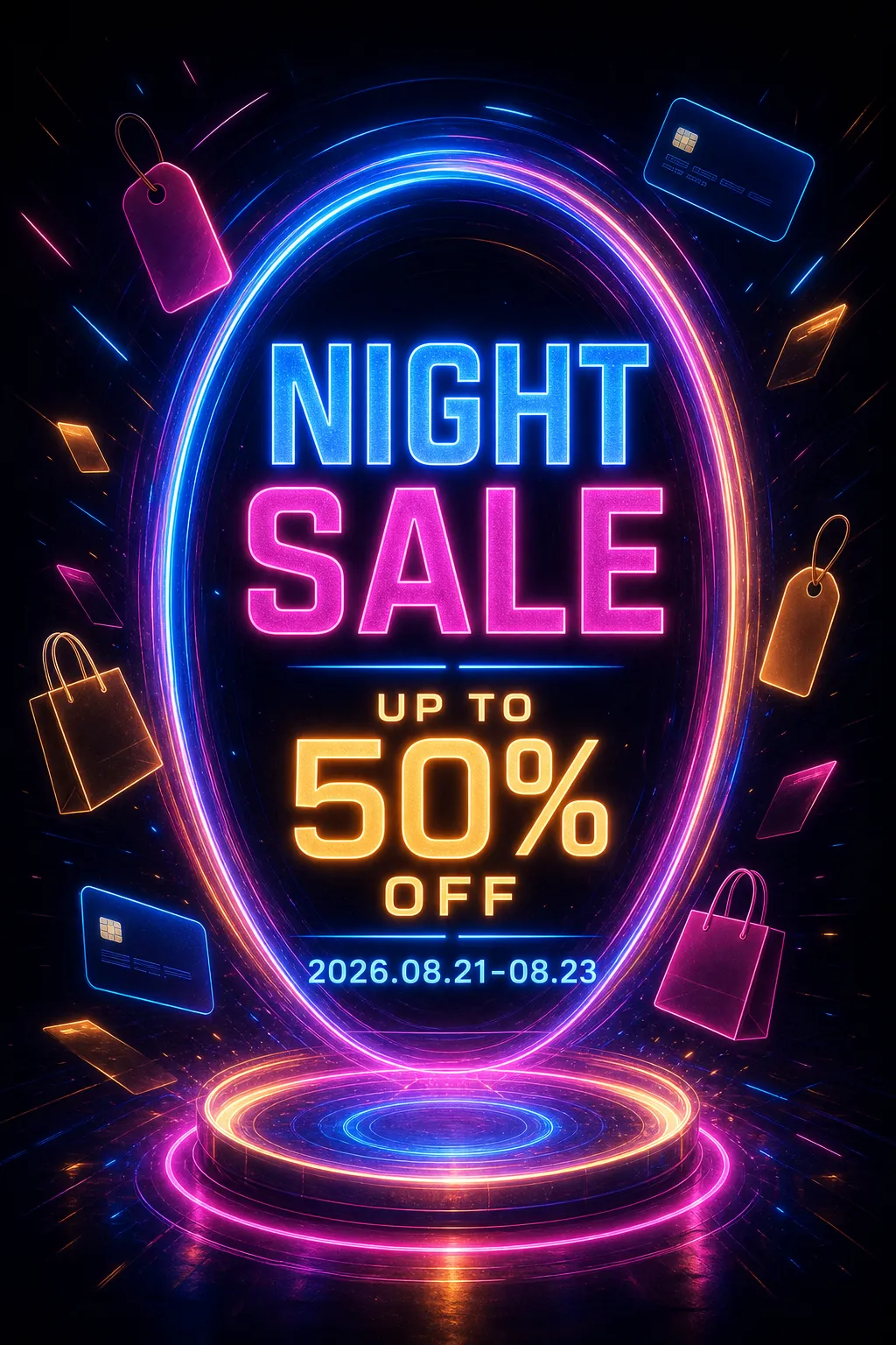 Neon Night Sale Up To 50% Off Poster｜AI Image Generation Prompts