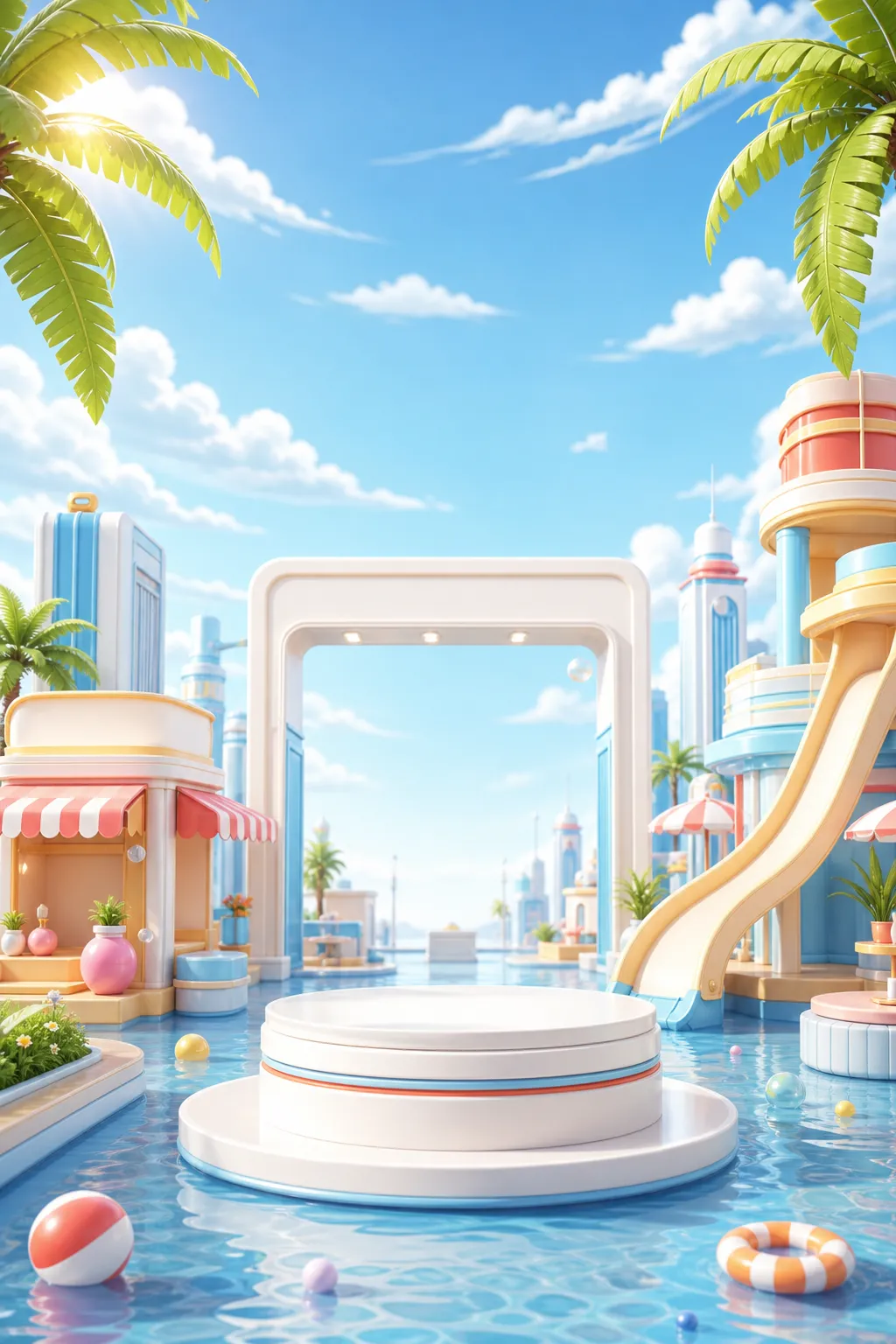 3D Summer Water Park Podium Display Scene｜AI Image Generation Prompts