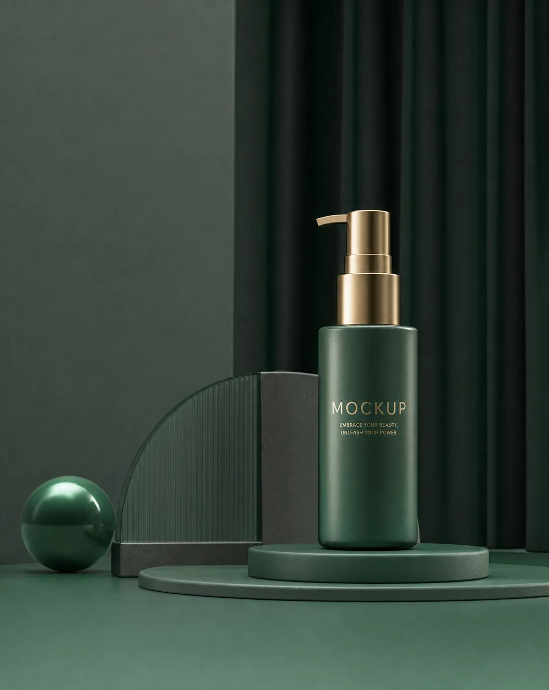 Green Cosmetic Pump Bottle Mockup on Podium｜AI Image Generation Prompts