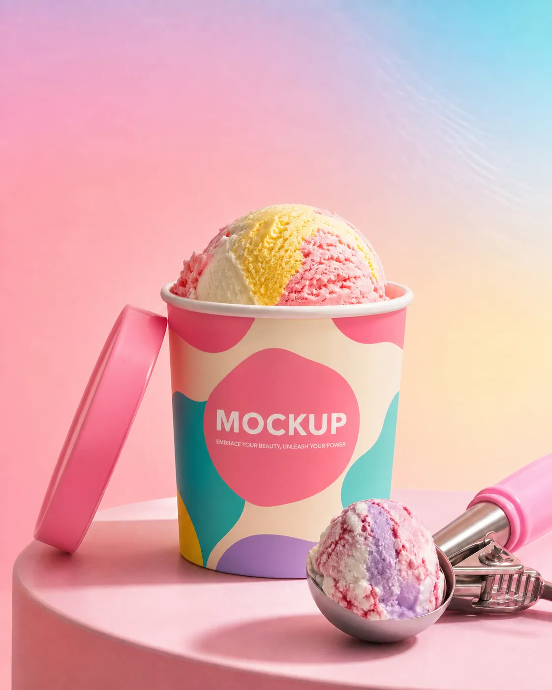 Colorful Ice Cream Cup Mockup with Scoop｜AI Image Generation Prompts