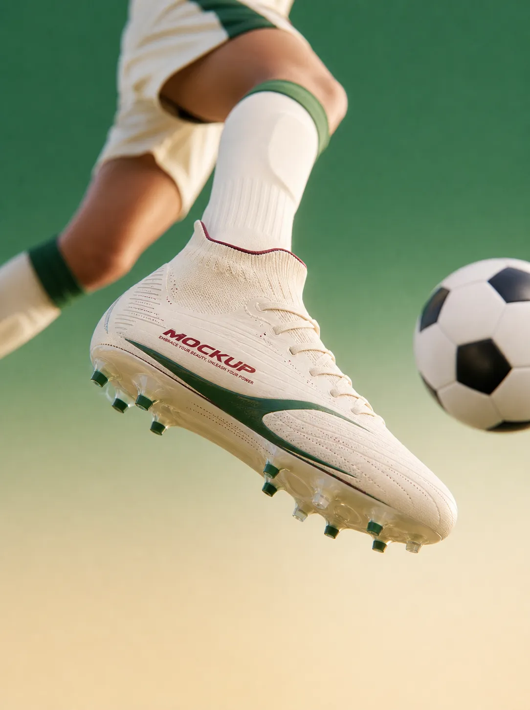 White Soccer Cleat Mockup Kicking A Ball｜AI Image Generation Prompts