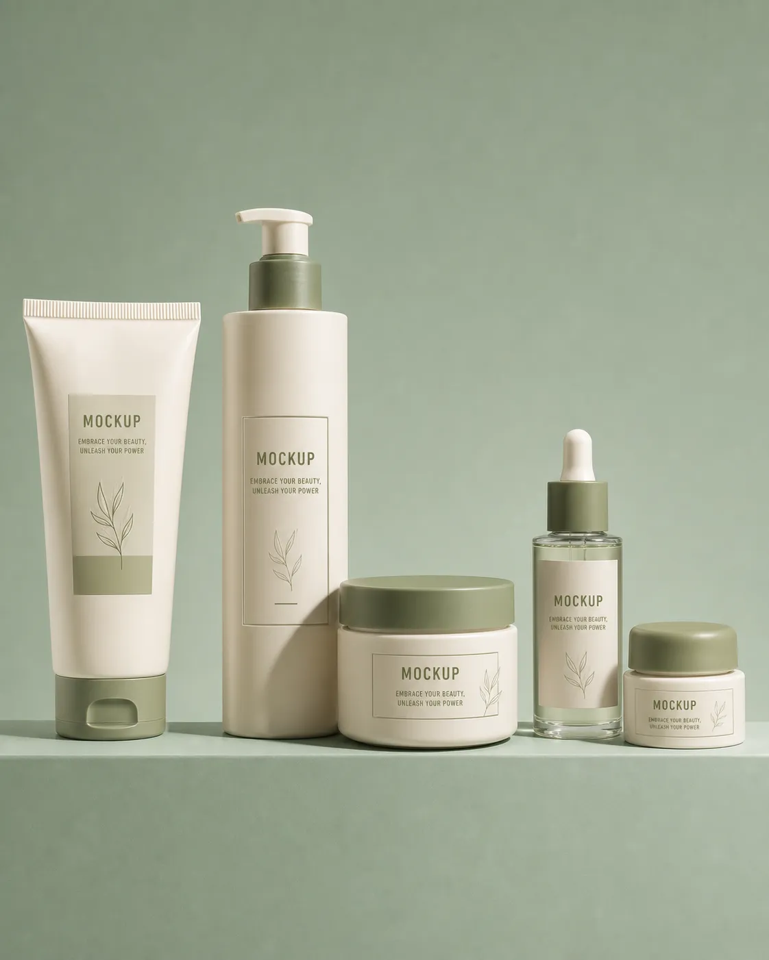 Minimalist Cosmetic Packaging Mockup Set in Sage Green｜AI Image Generation Prompts