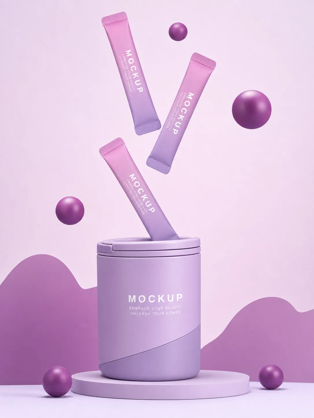 Purple Mockup Container with Floating Stick Packs｜AI Image Generation Prompts