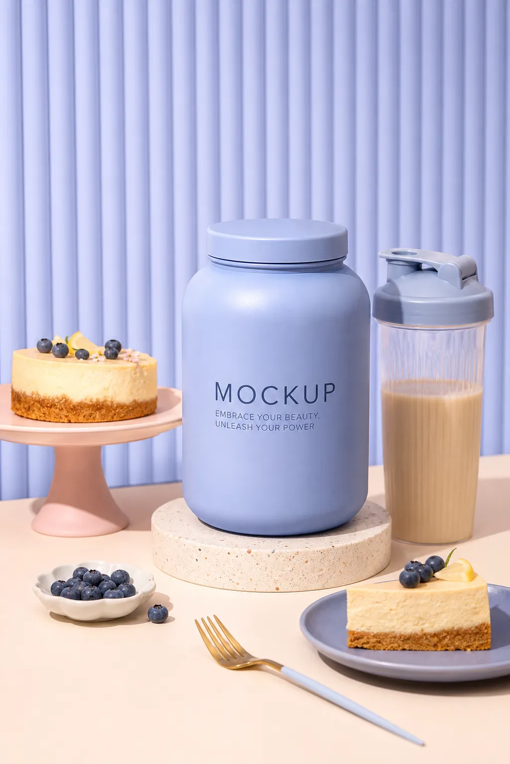 Blue Protein Powder Tub Mockup with Cheesecake and Shake｜AI Image Generation Prompts