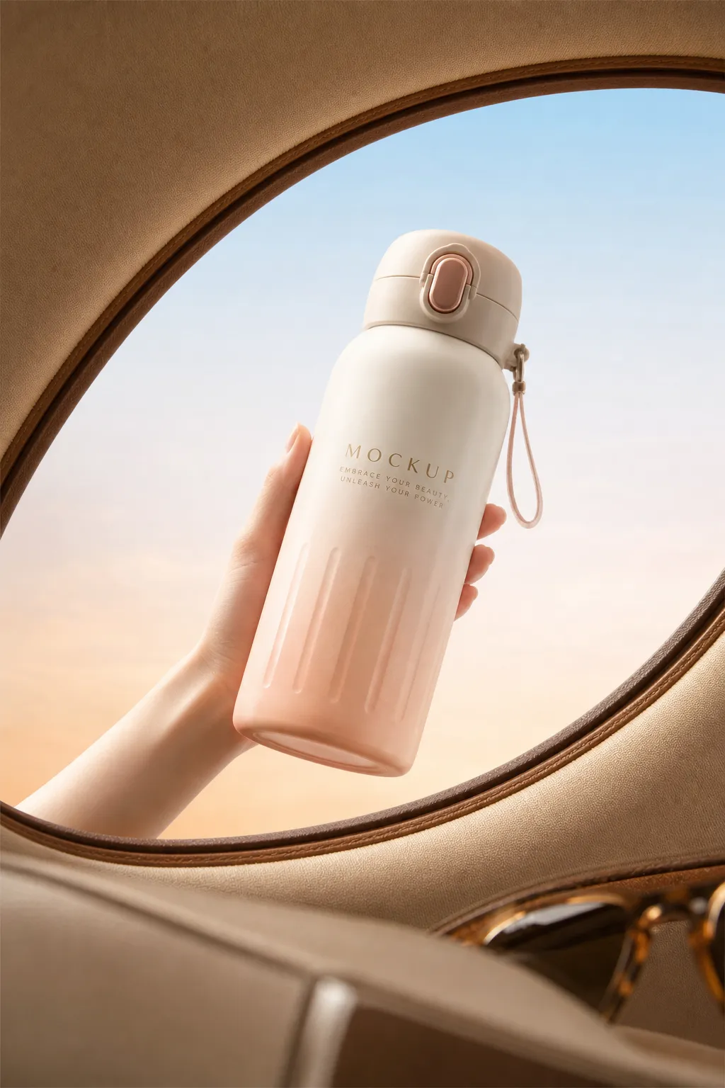 Hand holding a gradient water bottle mockup against the sky｜AI Image Generation Prompts