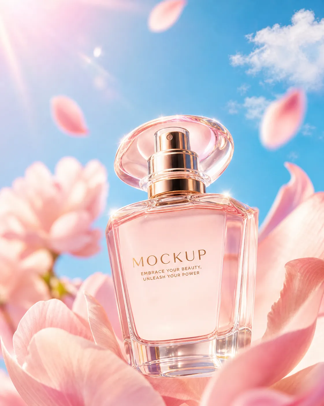 Pink Perfume Bottle Mockup Surrounded by Flowers｜AI Image Generation Prompts