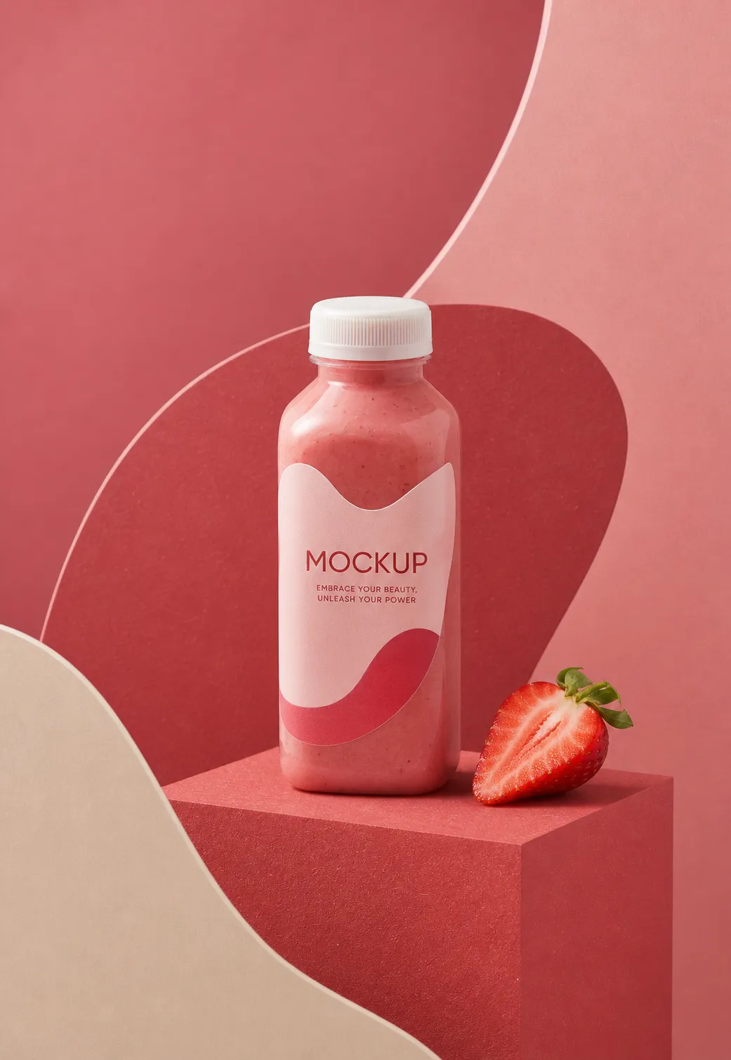 Strawberry Smoothie Bottle Mockup on Pink Pedestal｜AI Image Generation Prompts