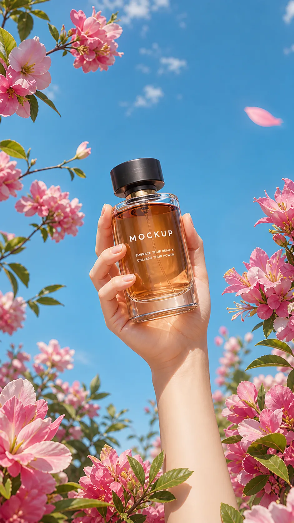 Hand holding perfume bottle mockup among pink flowers｜AI Image Generation Prompts