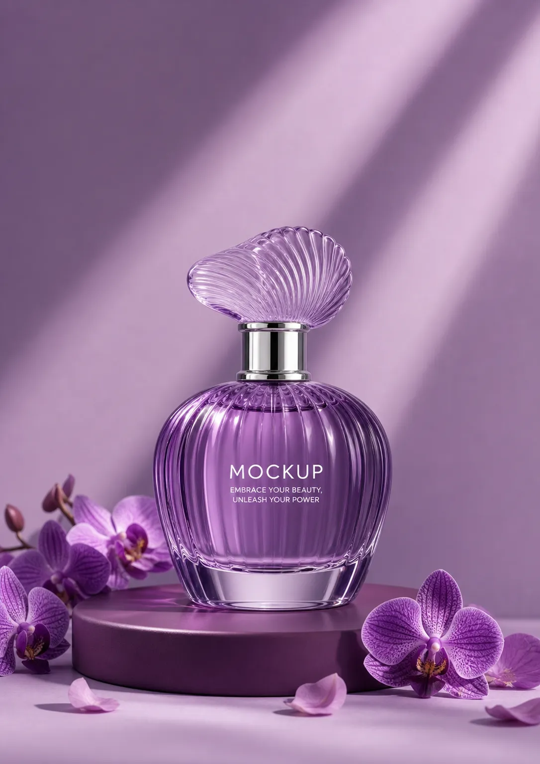 Purple Perfume Bottle Mockup with Orchids｜AI Image Generation Prompts