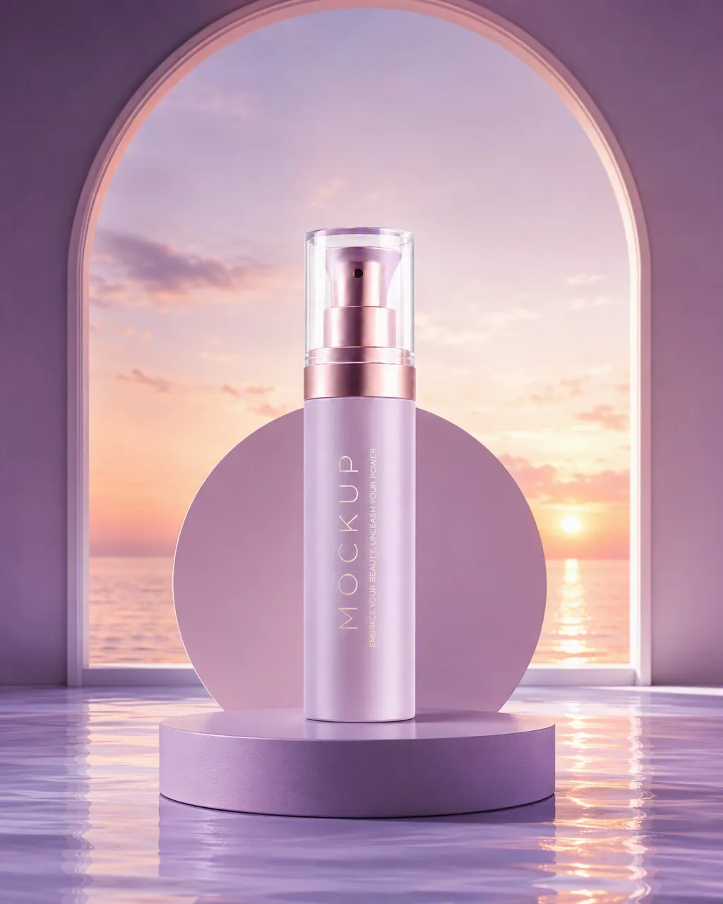 Purple Cosmetic Bottle Mockup on Pedestal with Archway｜AI Image Generation Prompts
