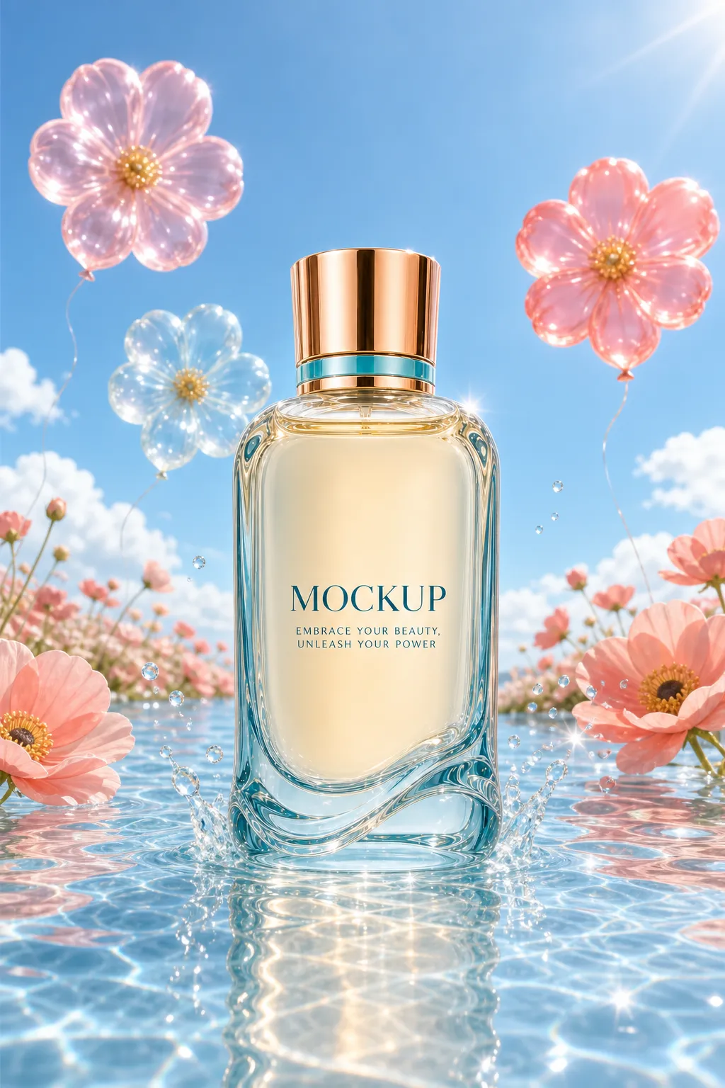 Perfume bottle mockup with pink flowers and blue sky｜AI Image Generation Prompts
