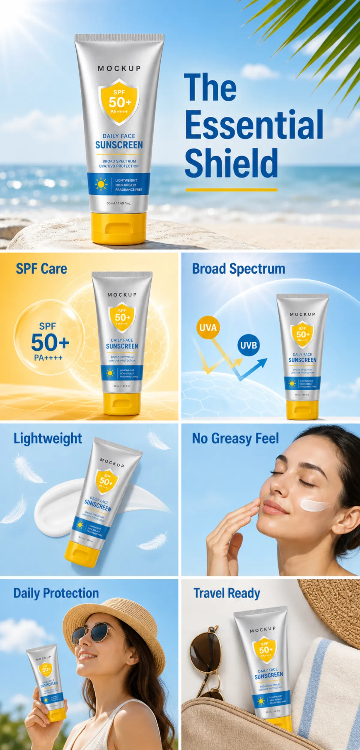 每日面部防晒霜 SPF 50+ 模型展示｜AI 图像生成提示词