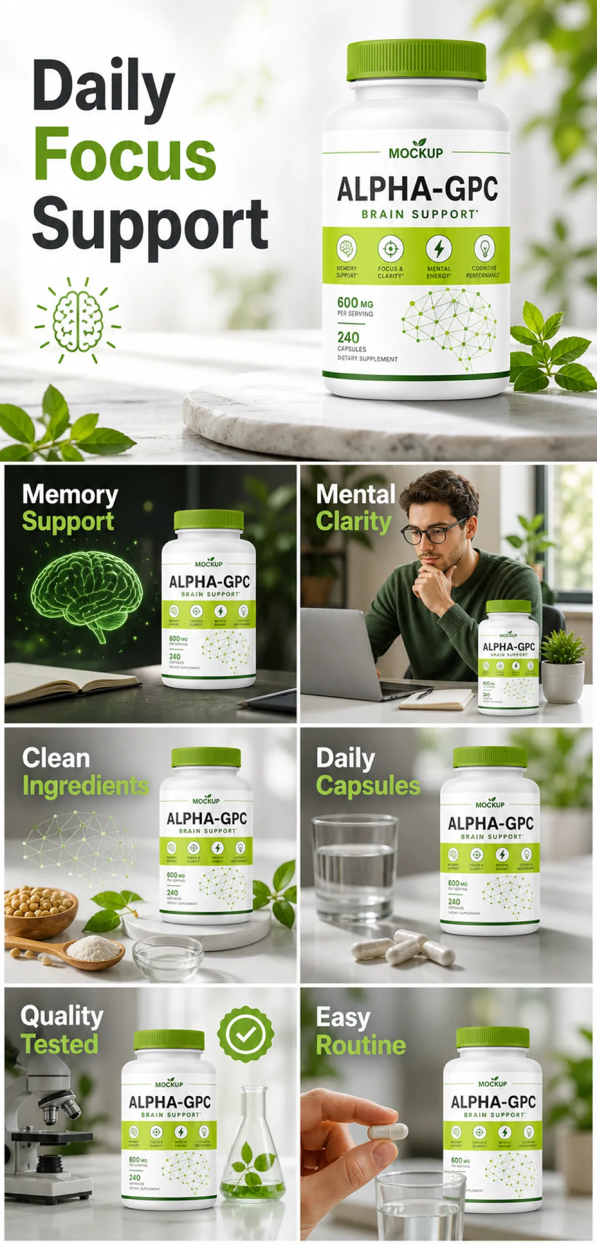 Alpha-GPC 脑部保健膳食补充剂瓶身模型｜AI 图像生成提示词