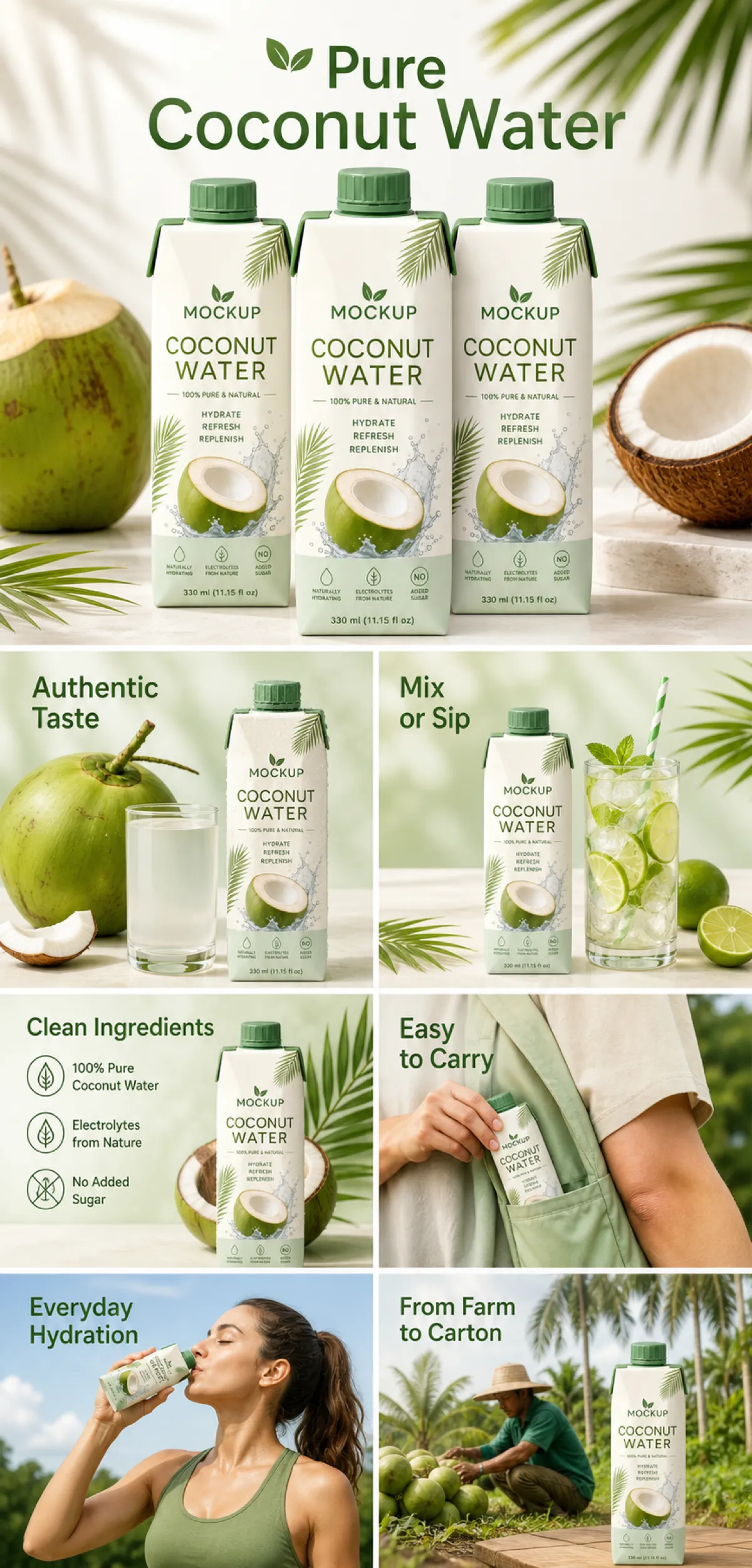 Pure Coconut Water Carton Mockup Design｜AI Image Generation Prompts
