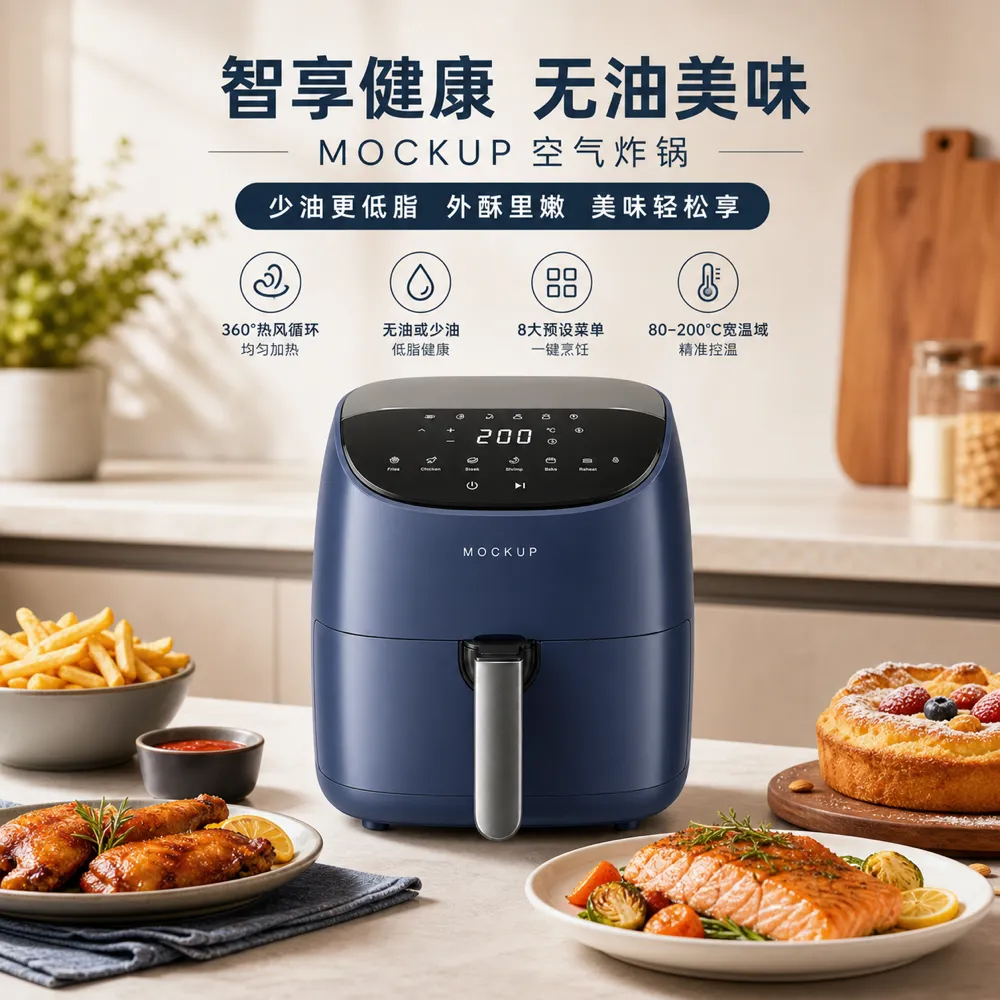 厨房台面上摆放着已烹制好的食物的蓝色空气炸锅｜AI图像生成提示词