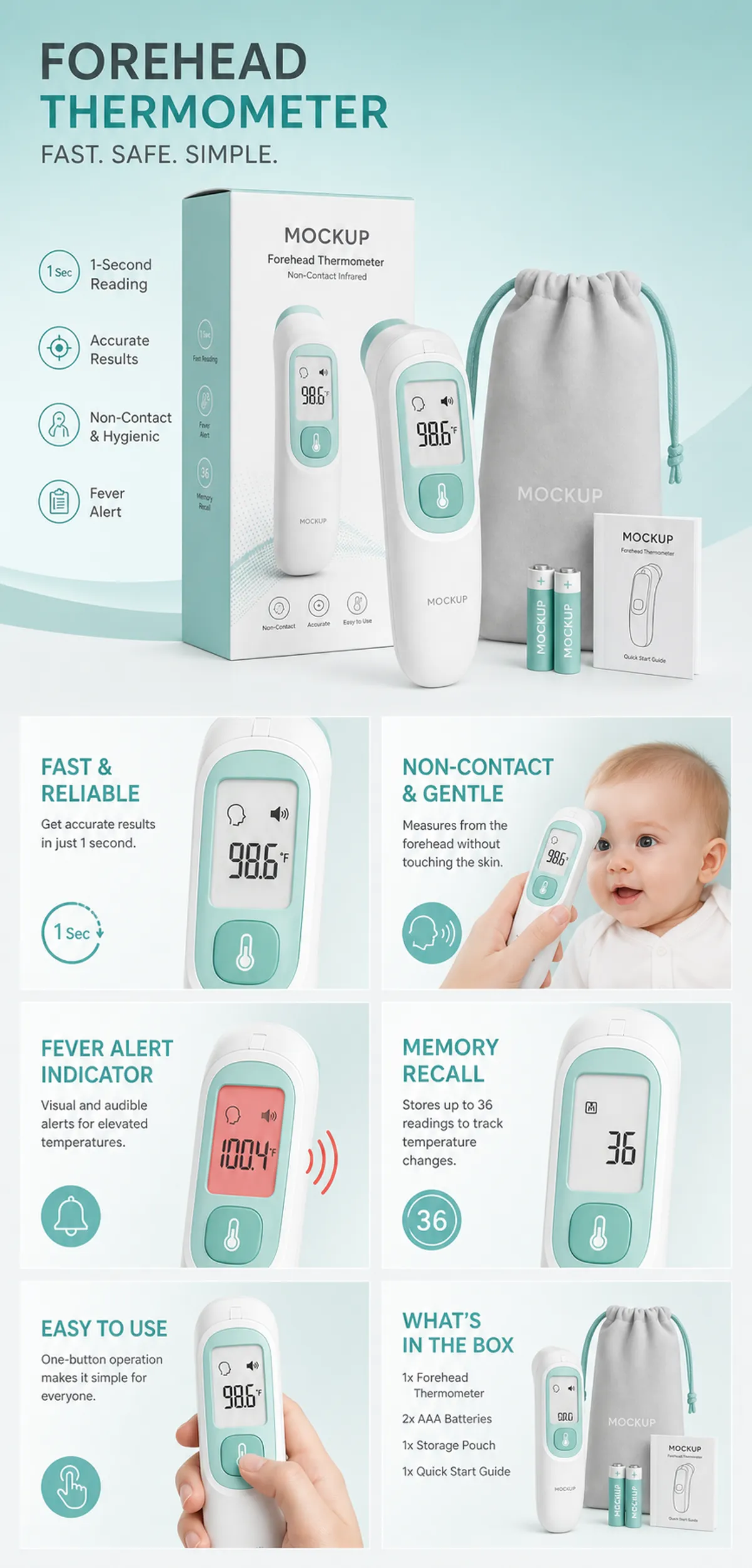Non-Contact Forehead Thermometer Mockup Infographic｜AI Image Generation Prompts