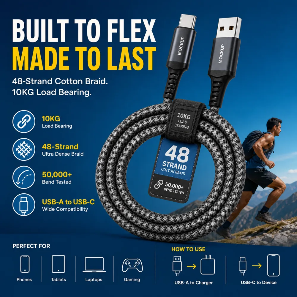 耐用48股编织USB-A转USB-C数据线｜AI图像生成提示词