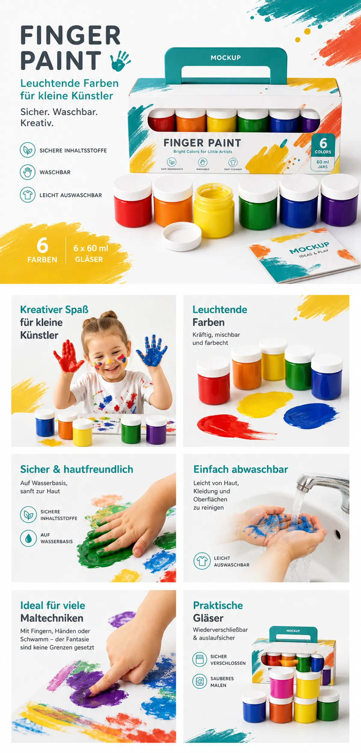 Colorful Finger Paint Set for Kids - 6 Washable Jars｜AI Image Generation Prompts