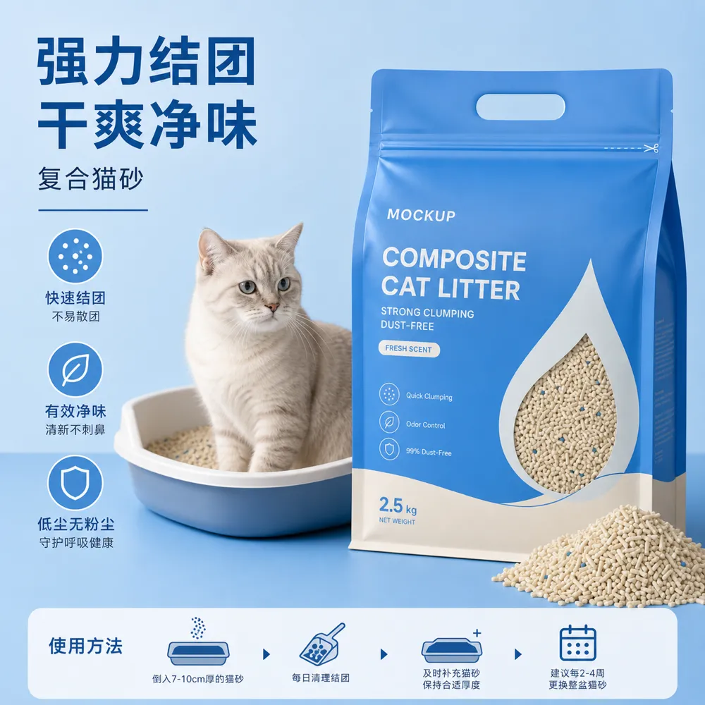 复合猫砂蓝色包装袋样机与猫咪｜AI图像生成提示词