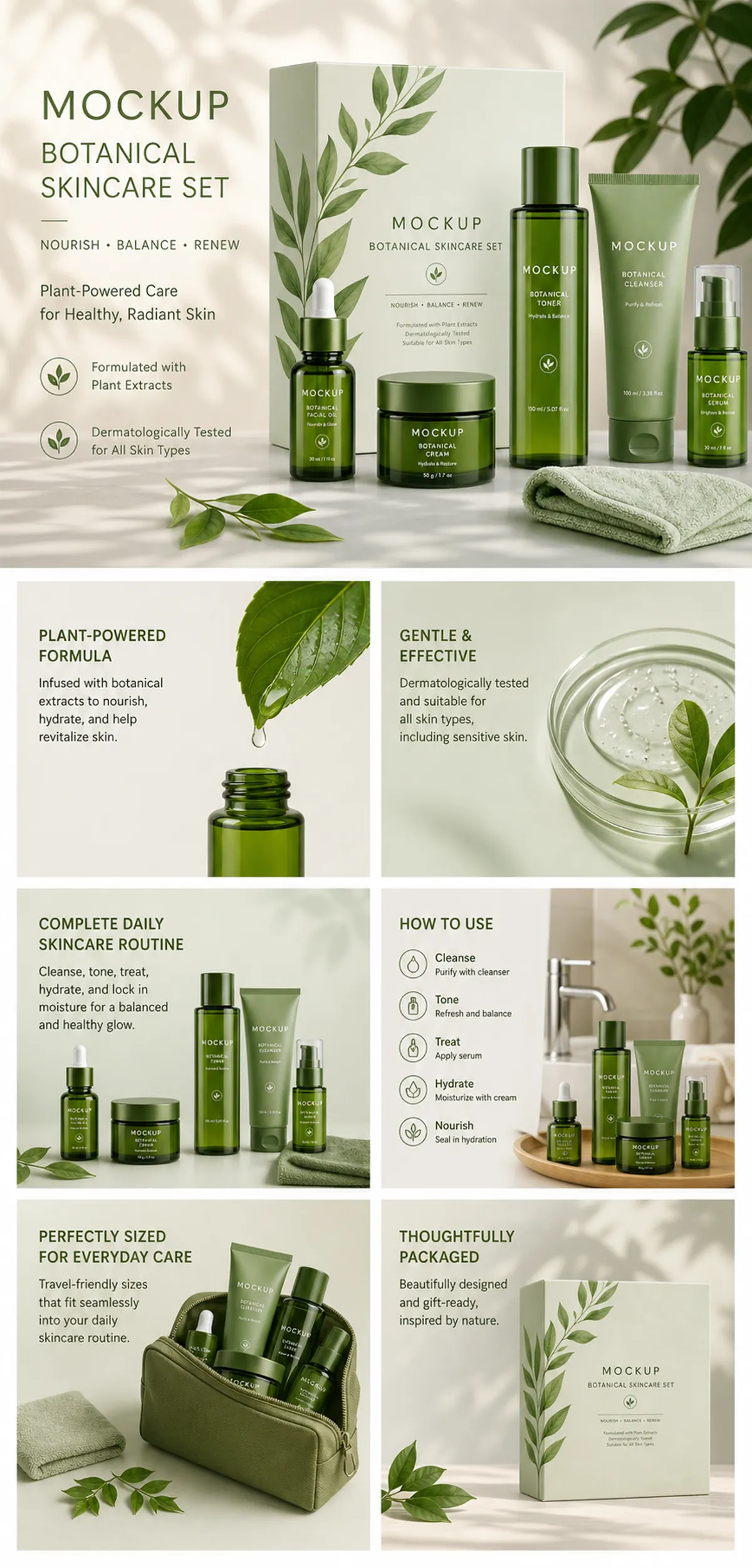 绿色植物护肤套装产品样机｜AI图像生成提示词