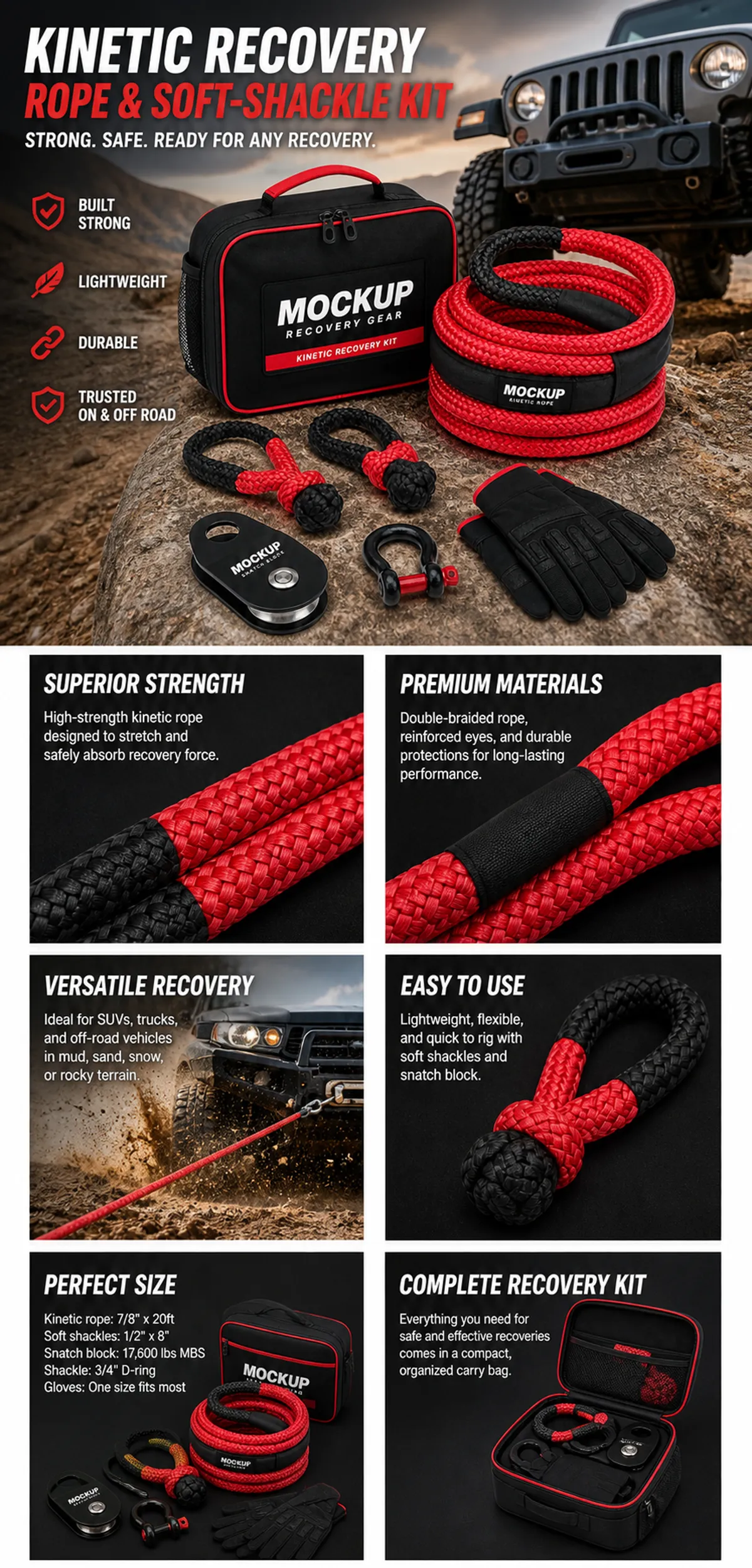 Kinetic Recovery Rope and Soft Shackle Kit for Off-Road｜AI Image Generation Prompts