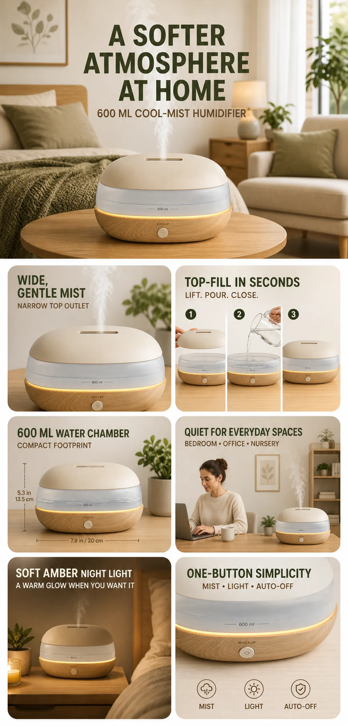 600毫升冷雾加湿器，带琥珀色夜灯｜AI图像生成提示词