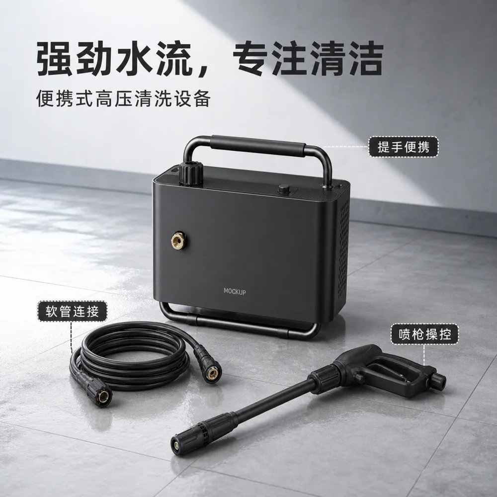 带软管和喷枪的便携式高压清洗机｜AI图像生成提示词