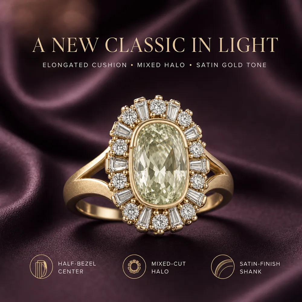 Elongated Cushion Ring with Mixed Halo in Satin Gold｜AI Image Generation Prompts