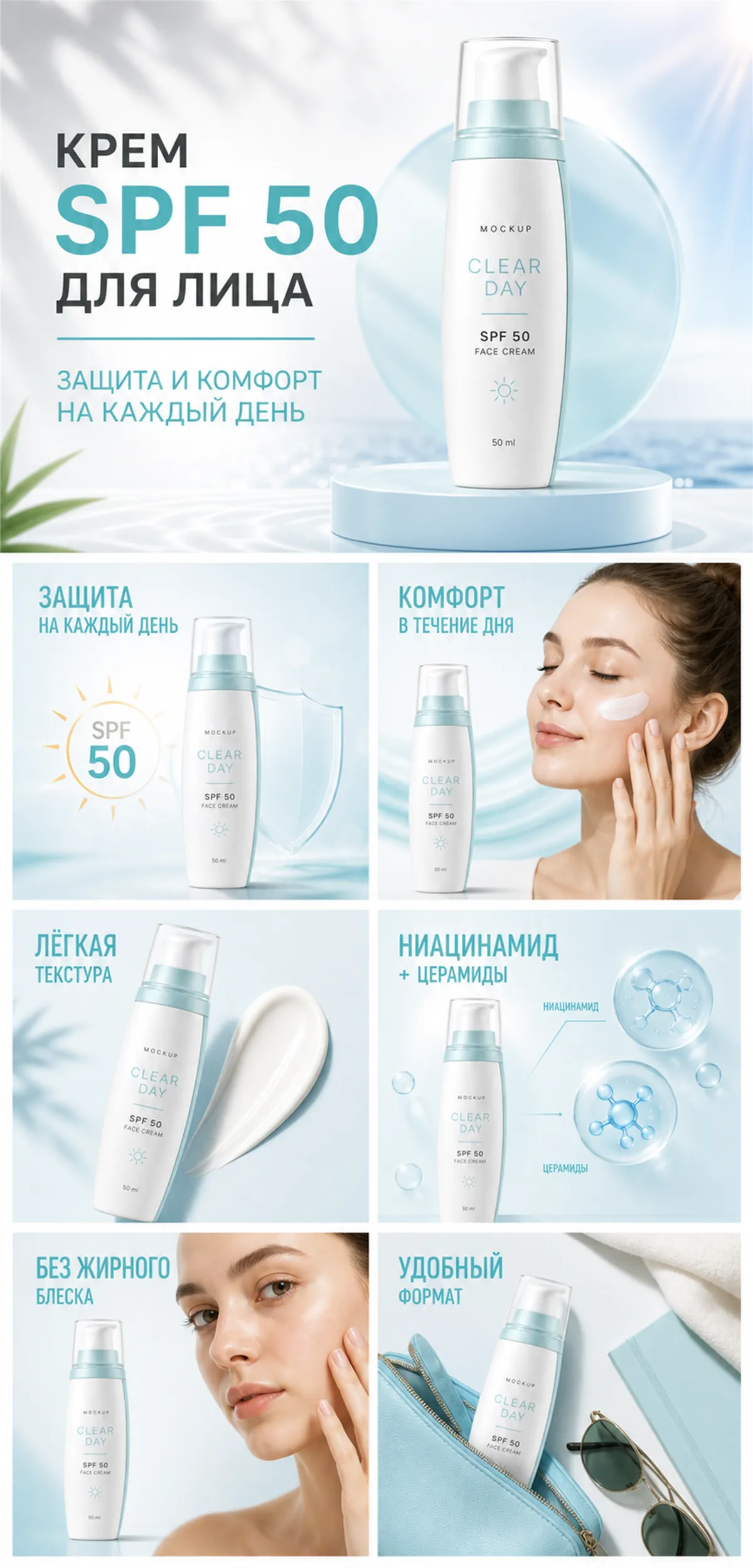 晴天防晒指数50面部乳霜产品模型｜AI图像生成提示词